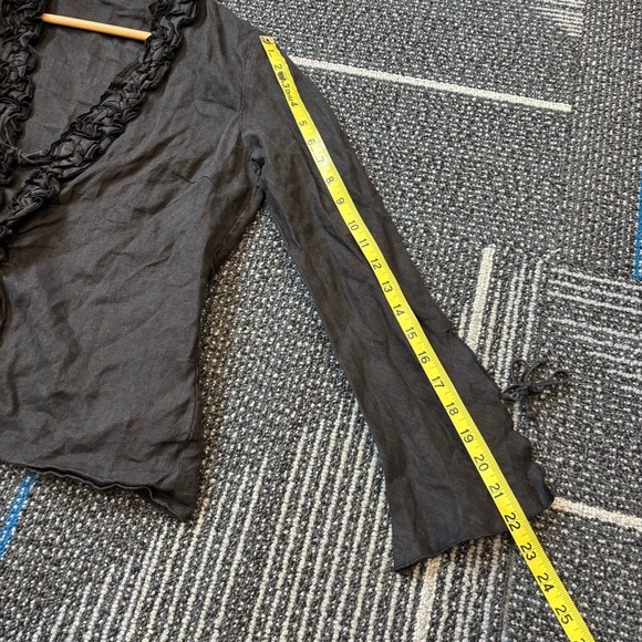 Emozioni Linen Cardigan Top Black Ruffled Tie front and wrists - Picture 12 of 14